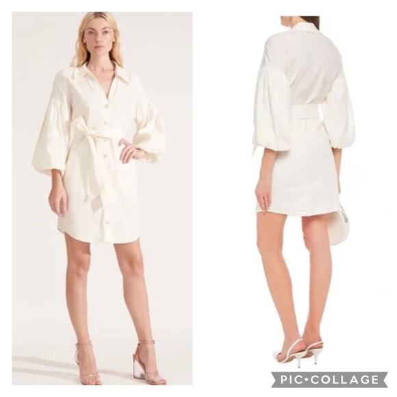 Veronica Beard Samy Linen Shirt Dress Long Puff Sleeves Cream Button Up sz 6 - Picture 4 of 8